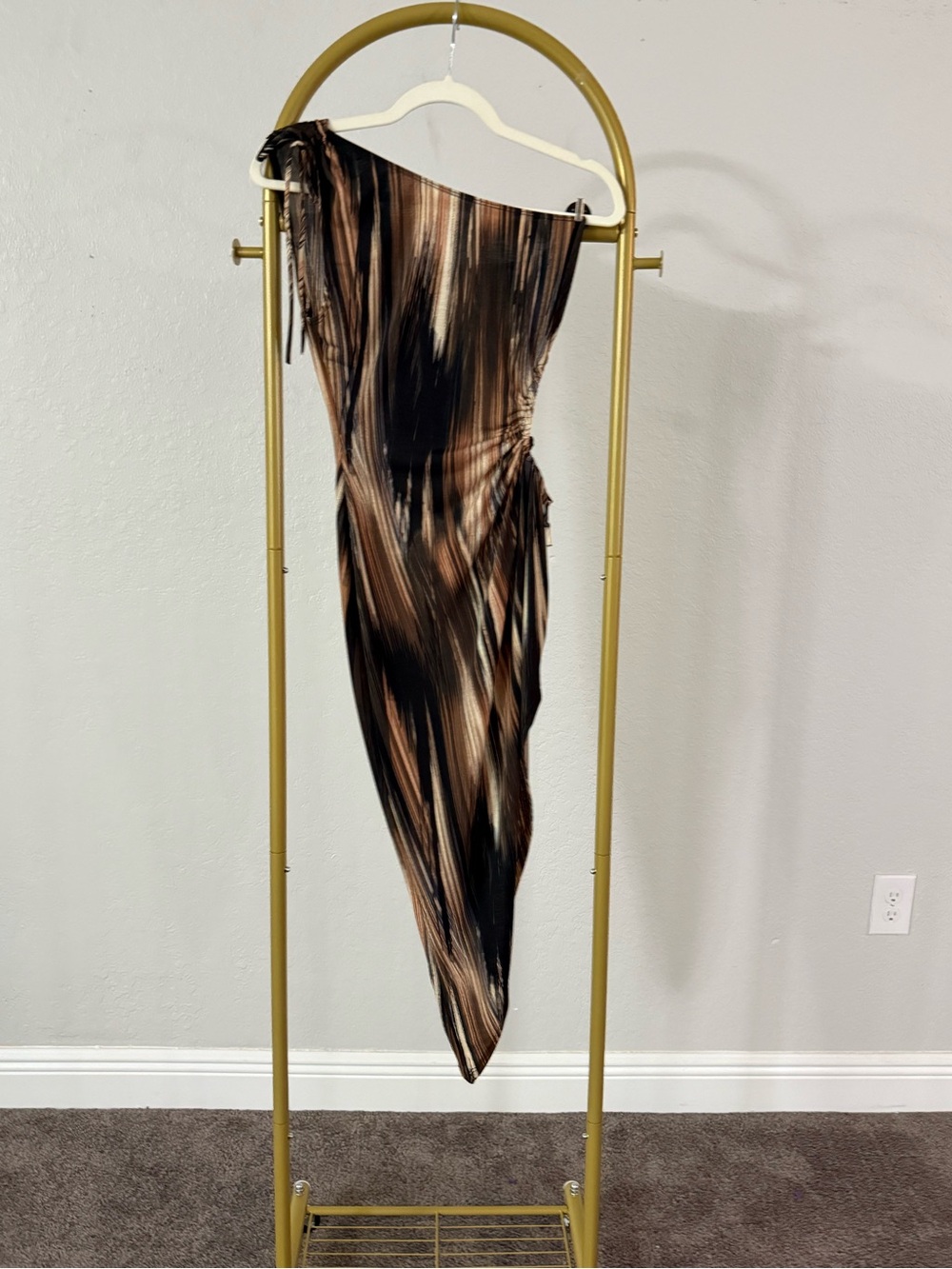 Fashion Nova Brown Black Swirl Mesh Asymmetrical Midi Dress Med NWT
